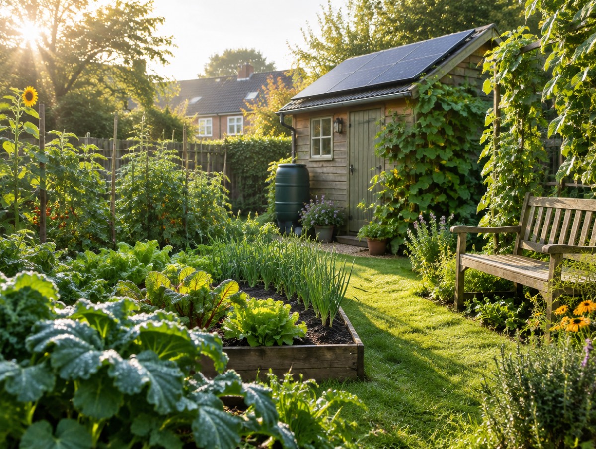 Groene achtertuin met zonnepanelen op het schuurdak