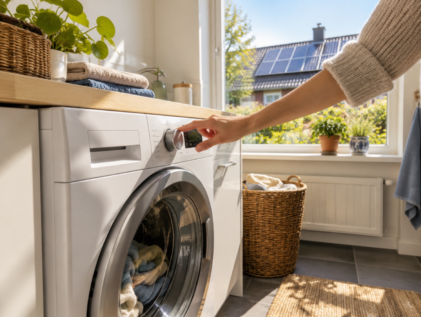 Iemand zet overdag de wasmachine aan, met zonnepanelen op het dak aan de overkant